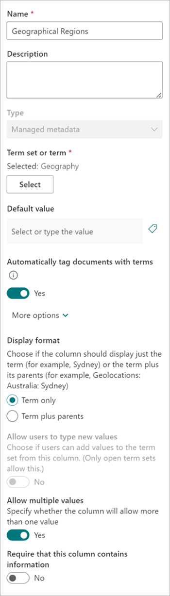 Captura de pantalla que muestra el panel Configuración de columna de la columna de taxonomía.