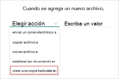 Captura de pantalla de la página de instrucción de regla que muestra la opción de traducción resaltada.