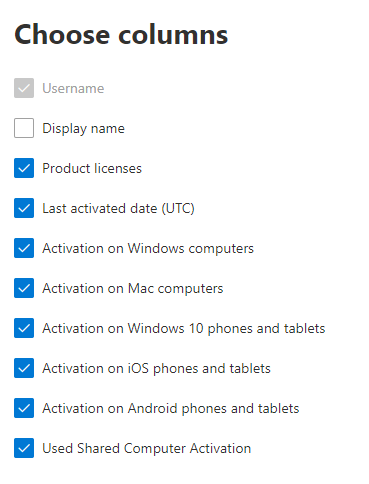 Office 365 informe de activaciones: elija columnas.