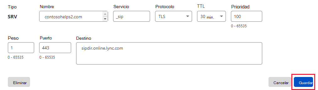 Captura de pantalla de donde seleccione Guardar para agregar un registro SRV.