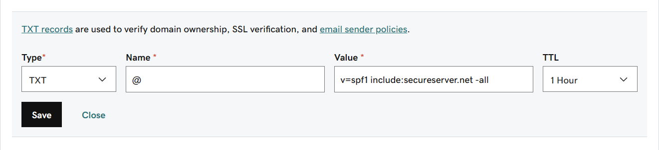 Rellene los valores de la tabla para el registro TXT de SPF.