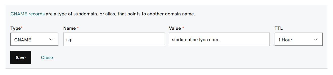 Rellene los valores de la tabla para los registros CNAME de Microsoft Teams.