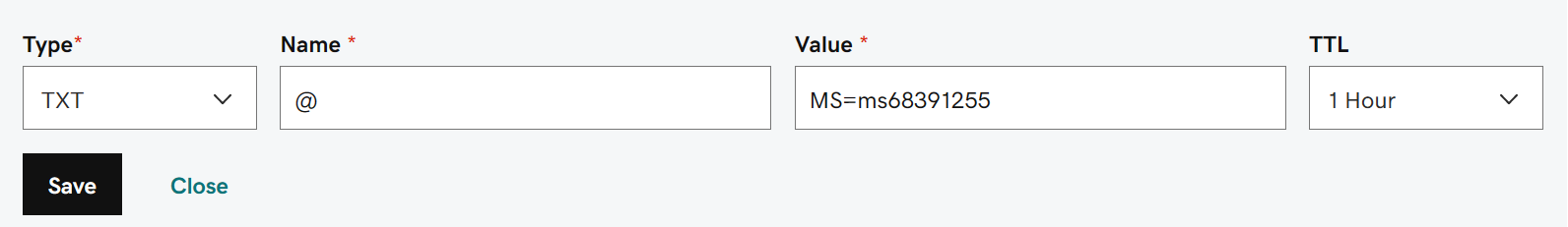 Rellene los valores de la tabla para el registro TXT de comprobación de dominio.