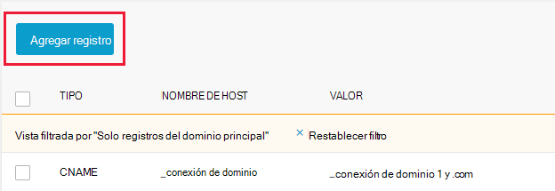 Captura de pantalla en la que seleccione Agregar registro para agregar un registro TXT de verificación de dominio.