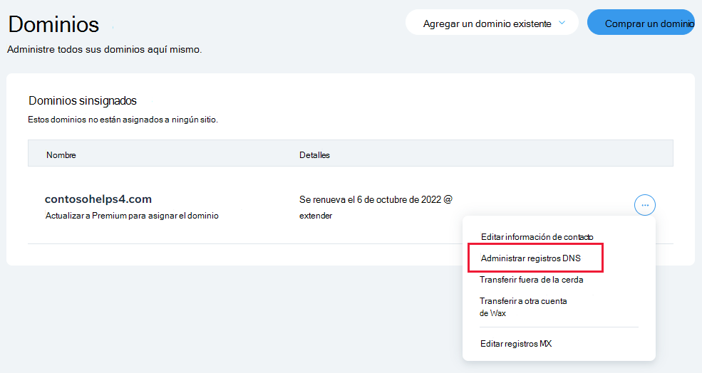 Seleccione Administrar registros DNS en la lista desplegable.