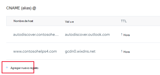 Captura de pantalla en la que seleccione Agregar un registro para agregar un registro CNAME.