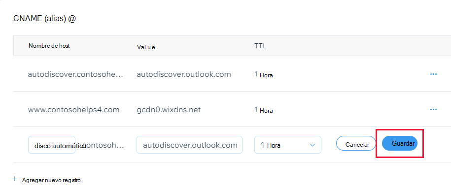 Captura de pantalla de donde seleccione Guardar para agregar un registro CNAME.