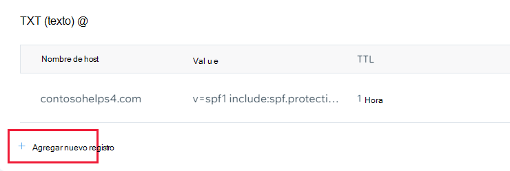 Captura de pantalla en la que seleccione Agregar registro para agregar un registro TXT de verificación de dominio.