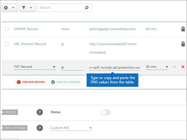 Copie y pegue los valores de la tabla para el registro TXT de SPF.