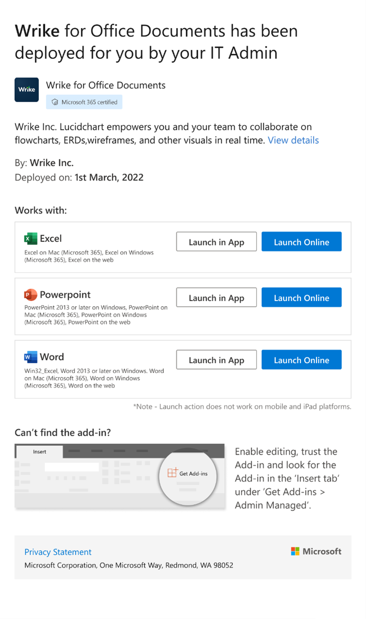 Ejemplo de correo electrónico para cuándo se implementan los complementos de Excel, PowerPoint o Word.