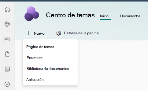 Captura de pantalla de la página principal del centro de temas con la página de tema seleccionada en el menú Nuevo.