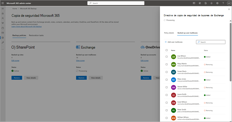 Captura de pantalla del panel de directivas de copia de seguridad del buzón de Exchange actualizado en el Centro de administración de Microsoft 365.