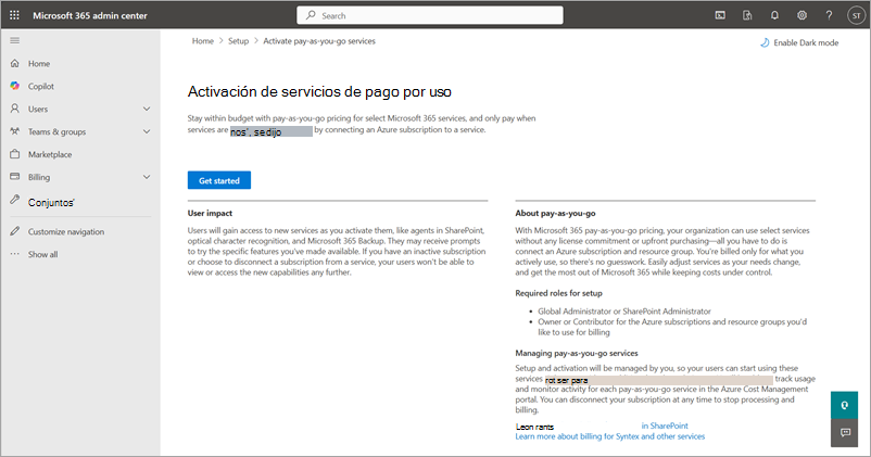 Captura de pantalla de la opción Configurar facturación en el Centro de administración de Microsoft 365.