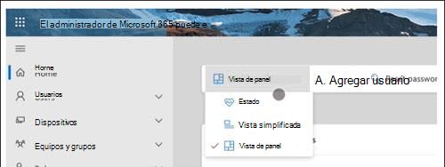 Captura de pantalla: Elija Estado en el menú Vista del Centro de administración de Microsoft 365