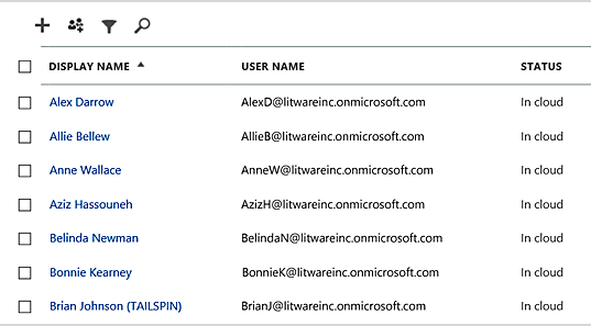 Ejemplo de la presentación de usuarios y grupos en el Centro de administración de Microsoft 365.