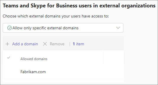 Captura de pantalla de la configuración de acceso externo de Teams para los usuarios de Teams y Skype para empresas en organizaciones externas con un dominio permitido.