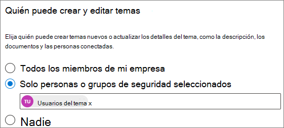 Captura de pantalla de la página Quién puede crear y editar temas.