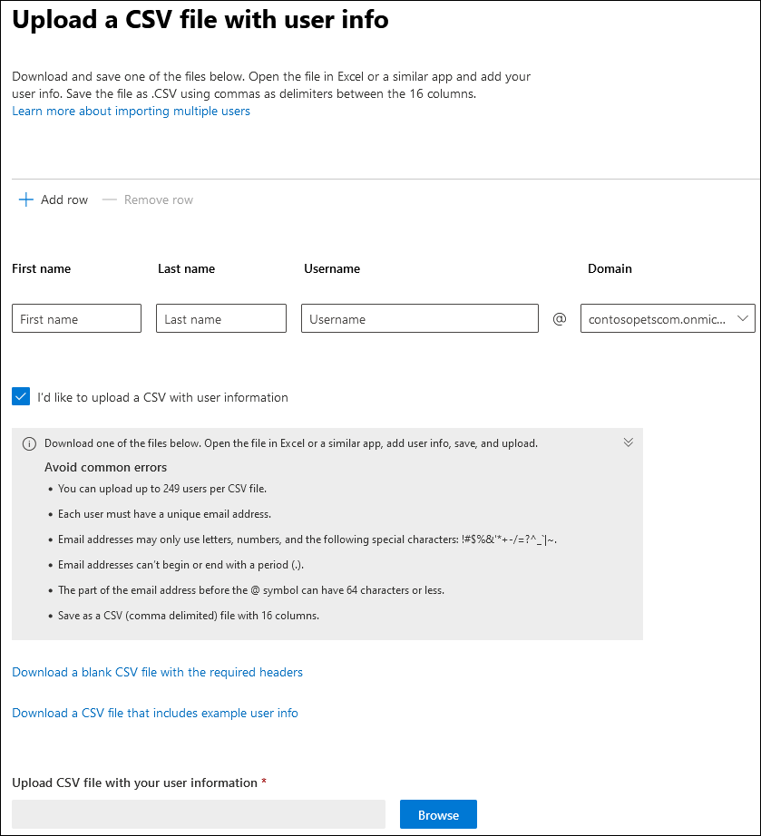 Captura de pantalla: opciones para agregar usuarios de uno en uno o usar un archivo CSV.