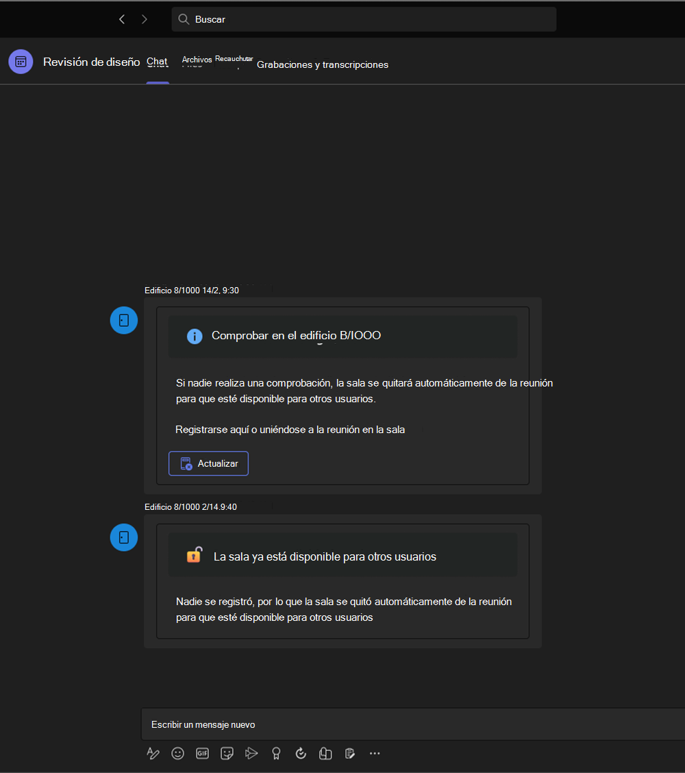 Captura de pantalla que muestra que el usuario de Chat de Teams ha publicado la sala de reuniones para que otros usuarios puedan reservar.