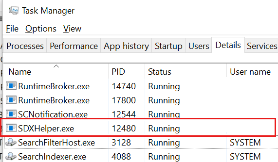 Captura de pantalla que muestra el proceso de SDXHelper.exe en el Administrador de tareas.