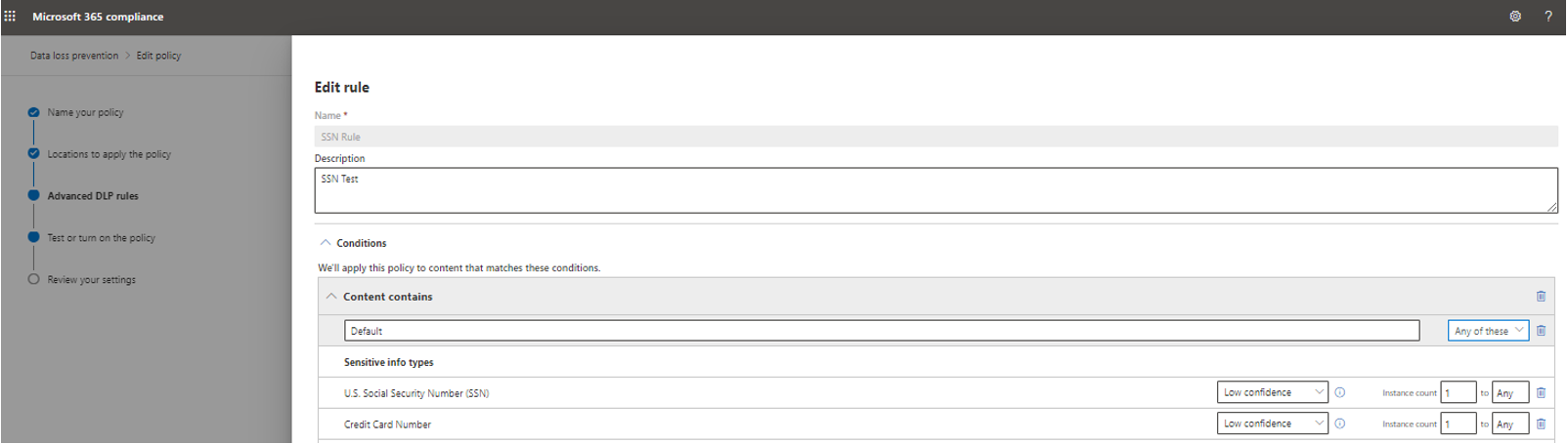 Captura de pantalla de la regla de SSN configurada para tener la detección en función de los tipos de información confidencial.