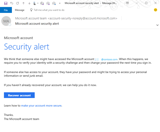 Captura de pantalla del mensaje de alerta de seguridad de la cuenta Microsoft.