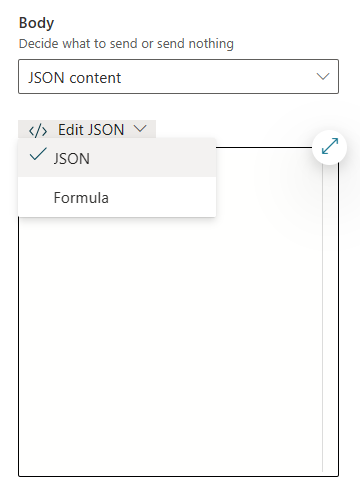 Captura de pantalla del contenido JSON seleccionado para el cuerpo tipo de contenido.