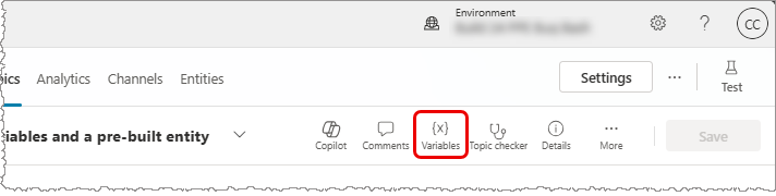 Captura de pantalla de la barra de herramientas secundaria con un enlace para abrir el panel Variables