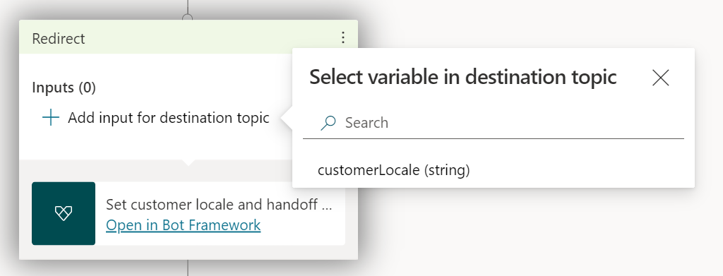 Agregue una acción Establecer configuración regional del cliente y transferencia a Dynamics 365 servicio al cliente a un nodo en Copilot Studio.