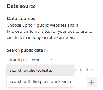 Captura de pantalla que muestra la sección de búsqueda de datos públicos y los cuadros de ID de configuración resaltados en el panel de propiedades de respuestas generativas.