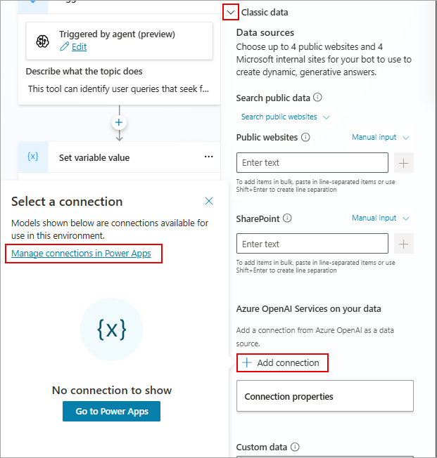 Captura de pantalla que muestra la solución de servicios vincular para Azure. Power Apps  OpenAI 