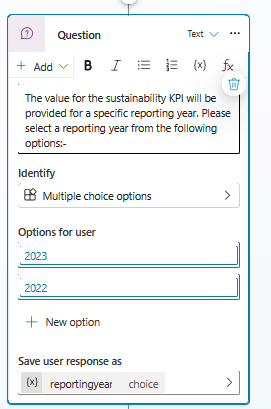 Captura de pantalla de configuración de un nodo Pregunta con opciones de elección múltiple.