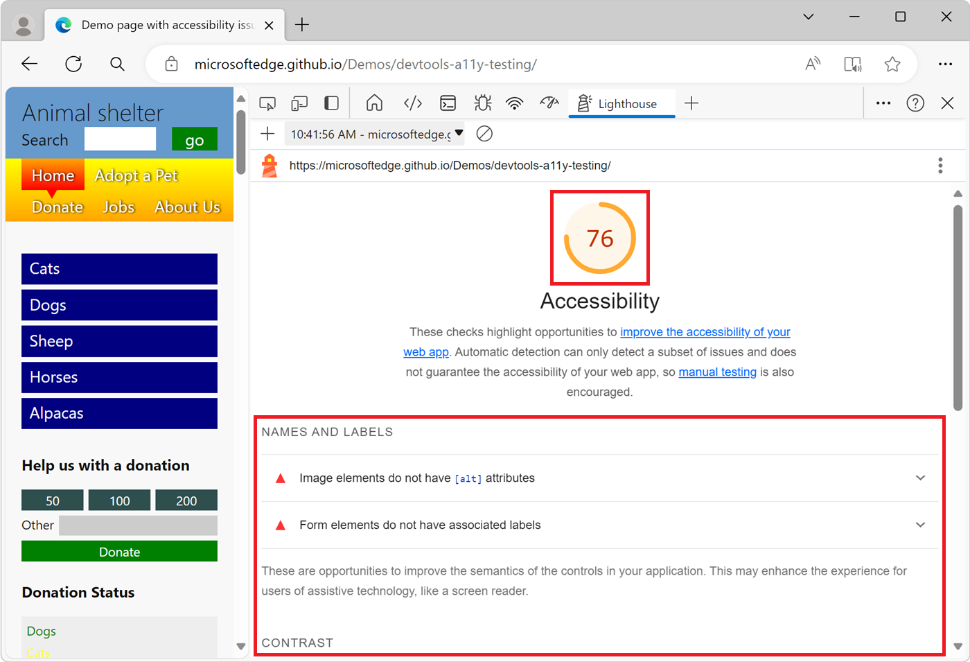 Un informe de Lighthouse para la categoría Accesibilidad