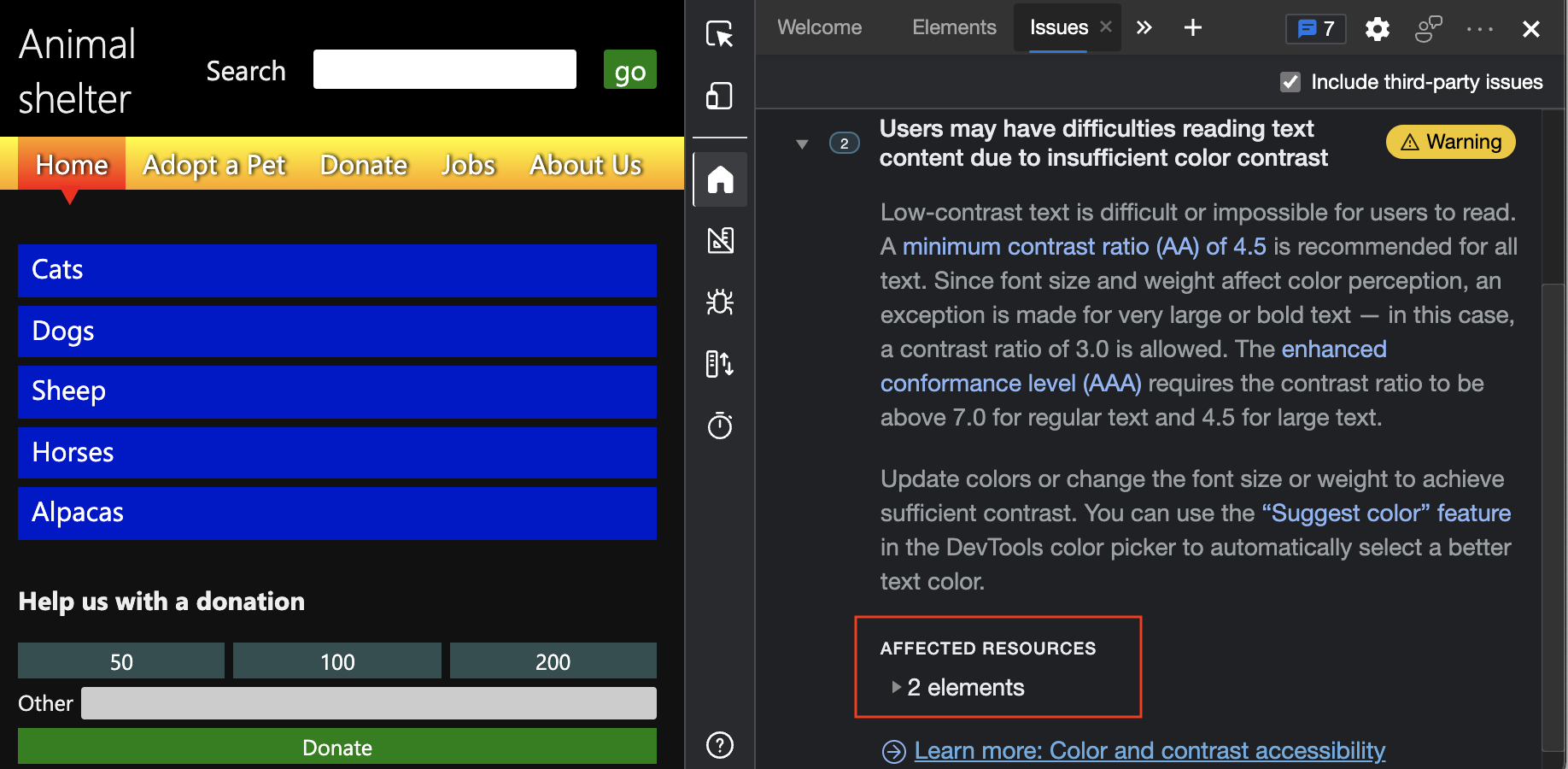 Problemas de contraste notificados en la herramienta Problemas