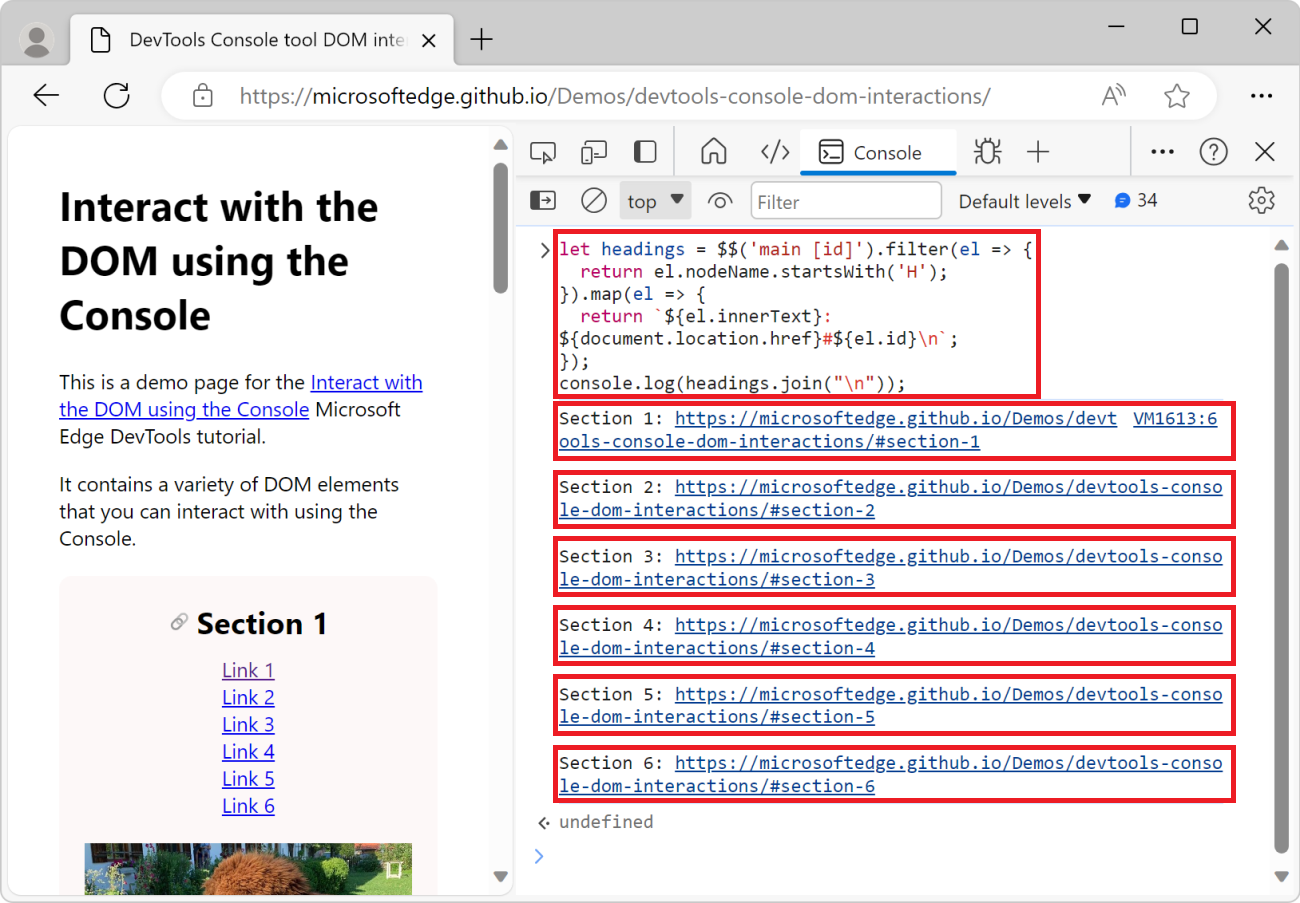 La herramienta Consola, que muestra la lista de todos los encabezados de la página, junto con sus direcciones URL