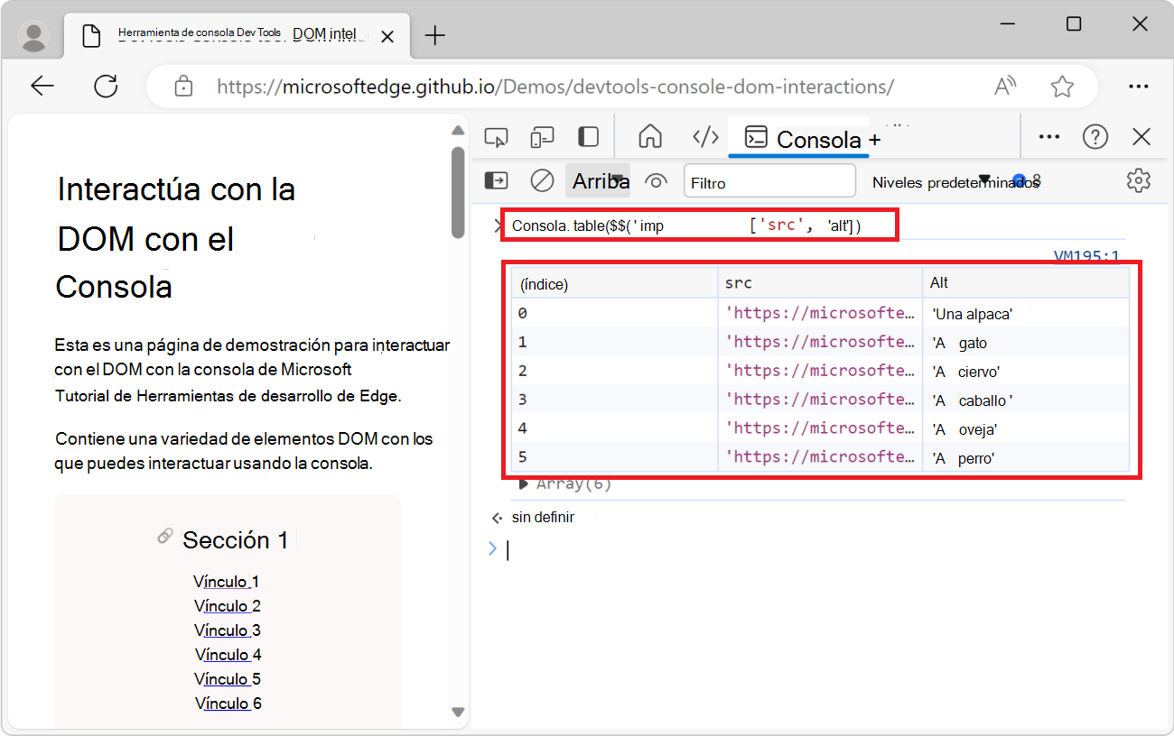 La herramienta de consola, que muestra la función console.table() y una tabla que enumera todas las imágenes