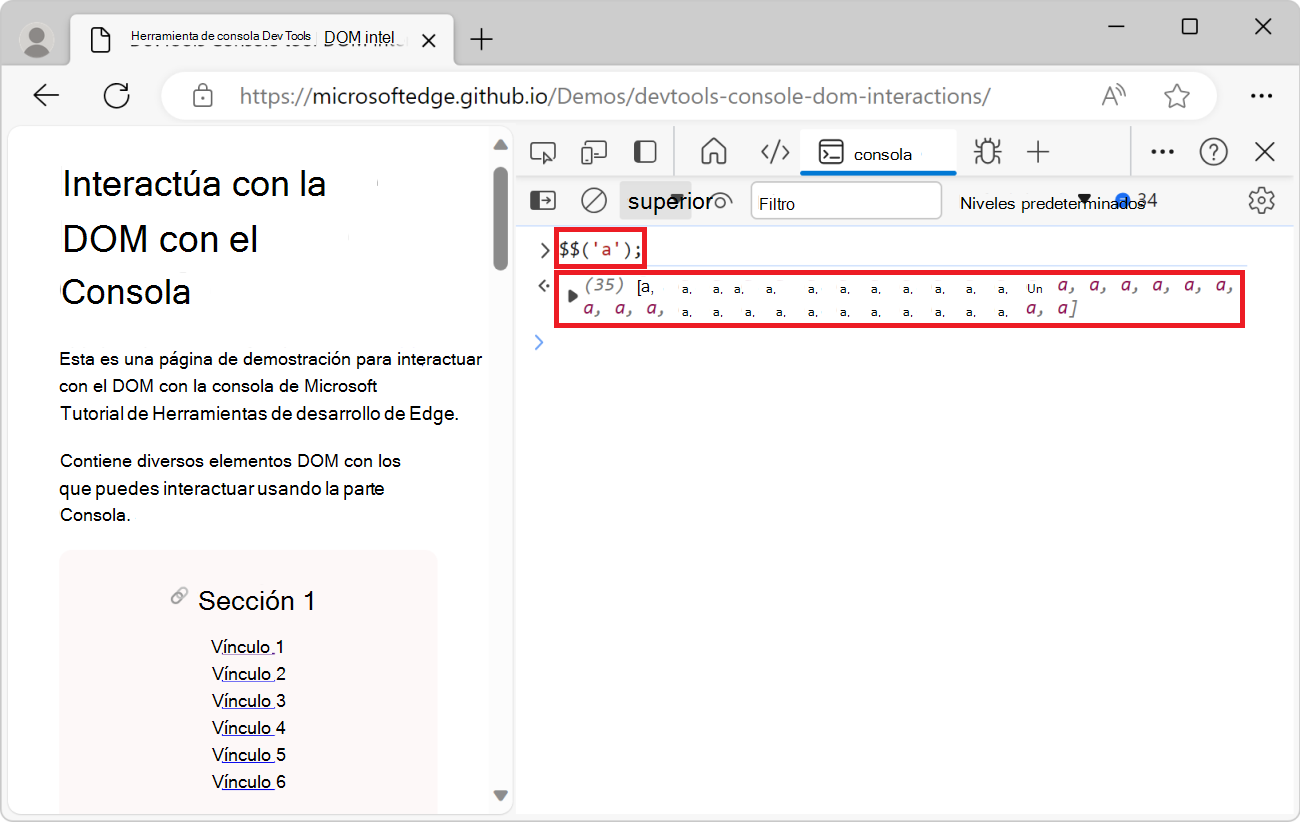 Resultado de la función $$('a') en la consola, que es una matriz de elementos