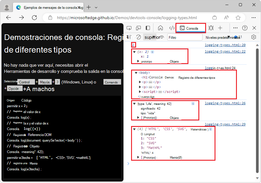 Registrar variables de diferentes tipos en la consola con información adicional expandida