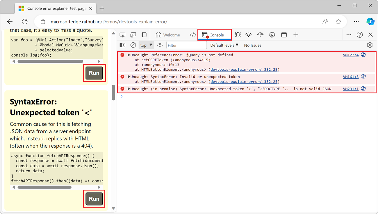 La página web de demostración de Edge, con la consola de DevTools junto a ella, que muestra algunos mensajes de error