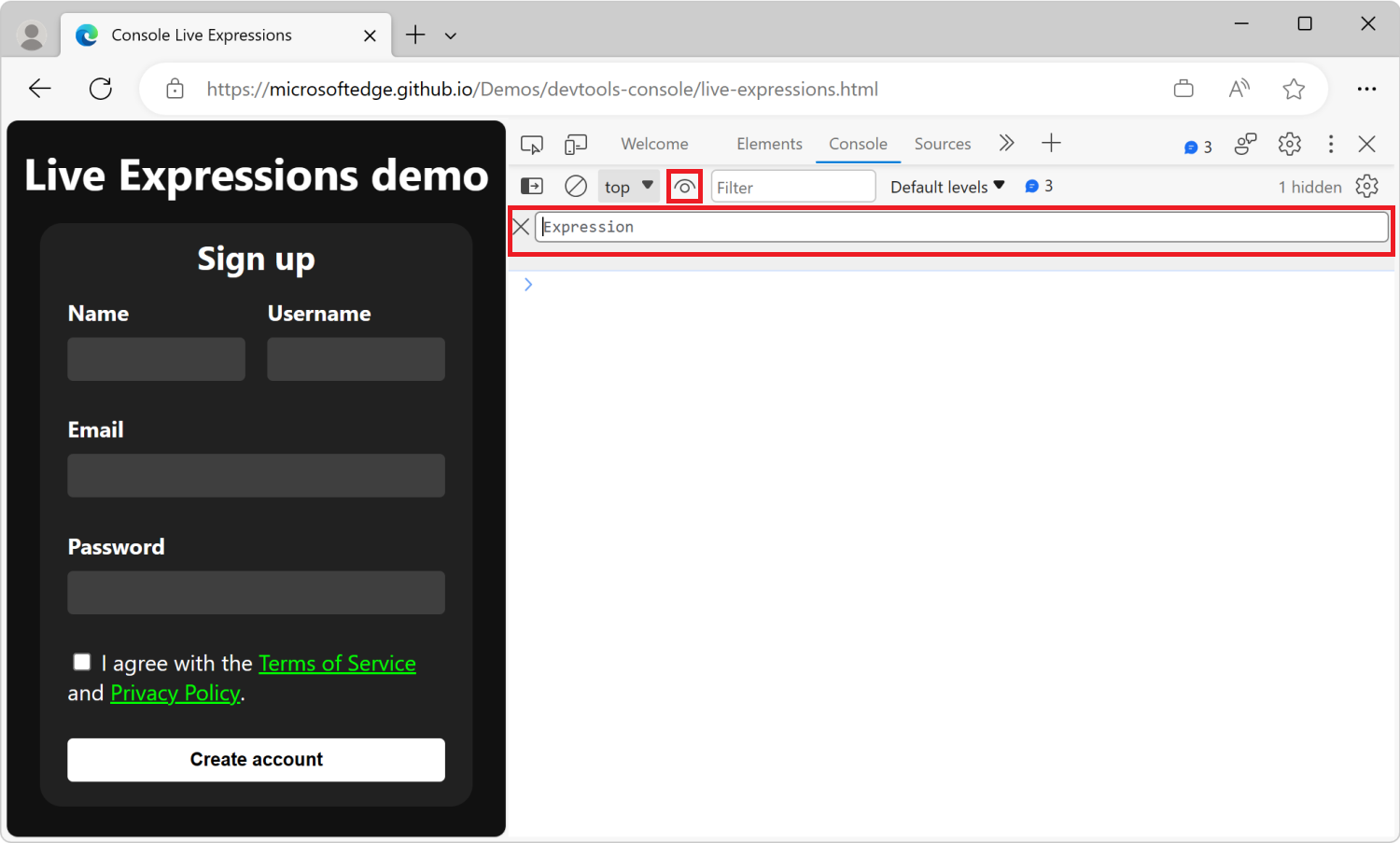 La herramienta Consola de DevTools, con el cuadro de texto de expresión activa debajo de la barra de herramientas