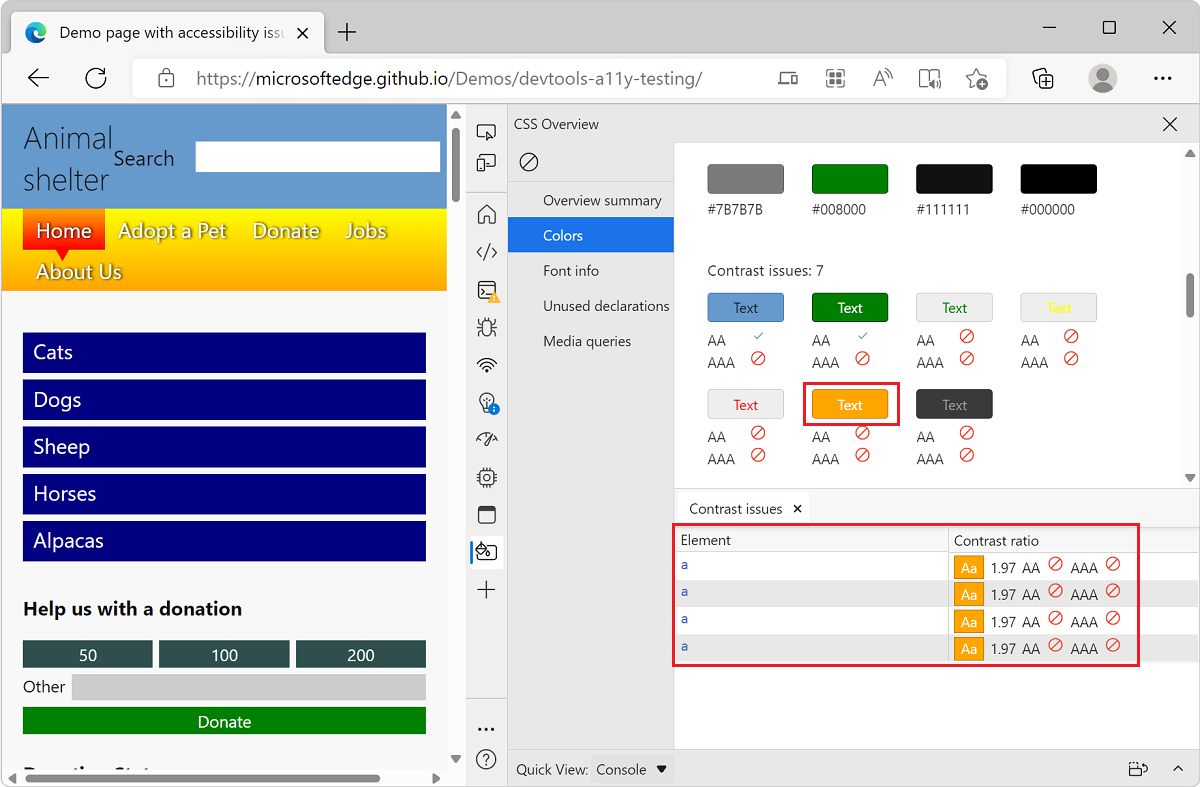 Microsoft Edge, con la aplicación de demostración de lista TODO y DevTools, que muestra una lista de elementos con un problema de contraste de color