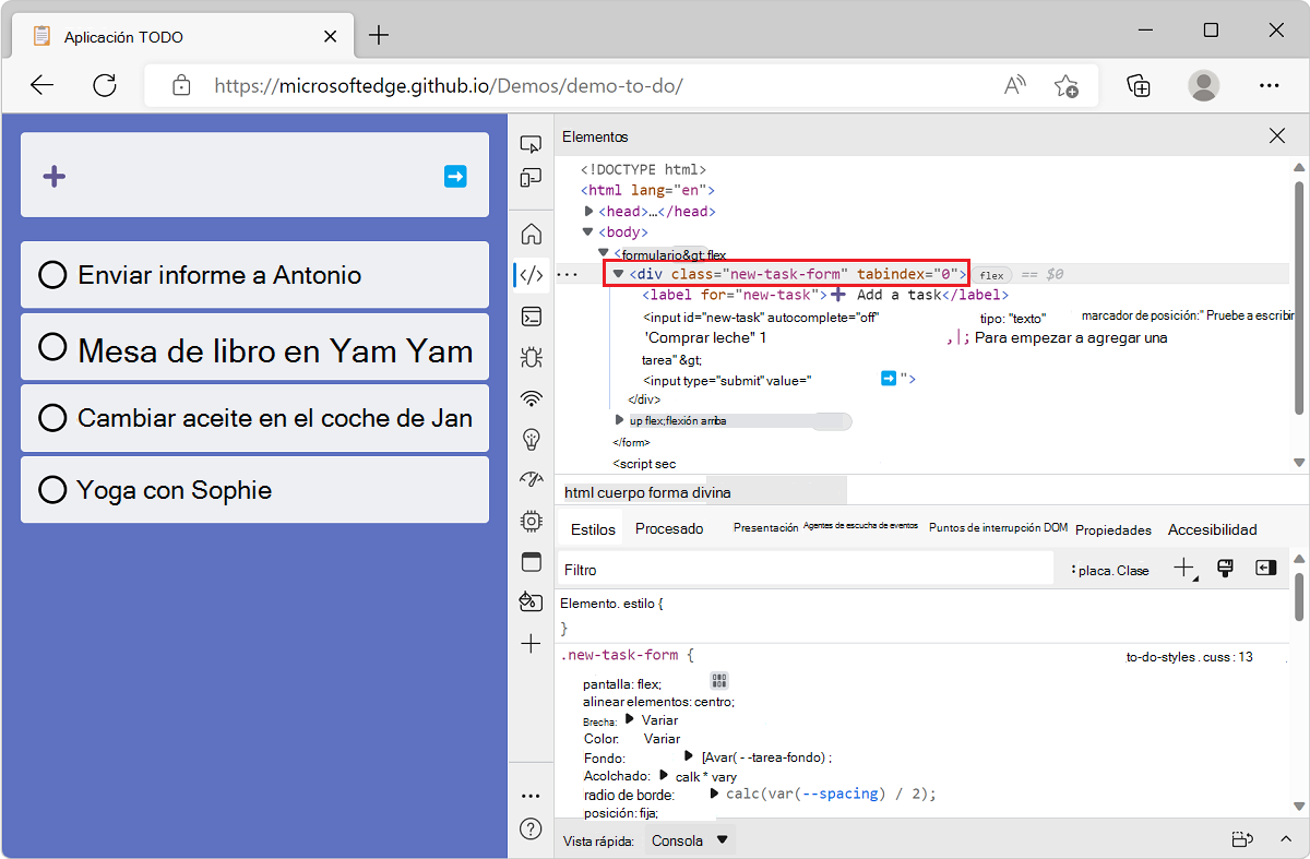 Microsoft Edge, con la aplicación de demostración de lista TODO y DevTools, que muestra la herramienta Elements, con el nodo derecho seleccionado