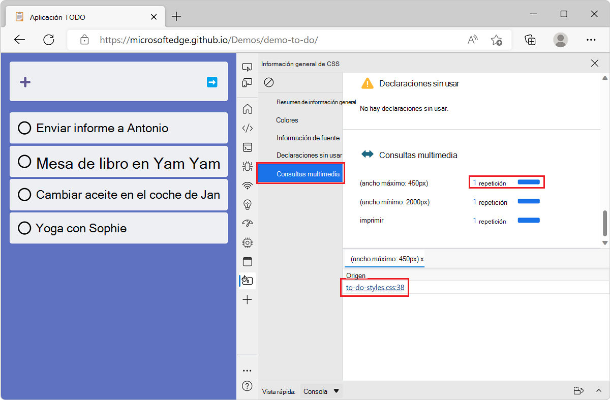 Microsoft Edge, con la aplicación de demostración de lista TODO y DevTools, que muestra la sección de consultas multimedia de la herramienta Información general y la lista de archivos que contienen una consulta multimedia determinada