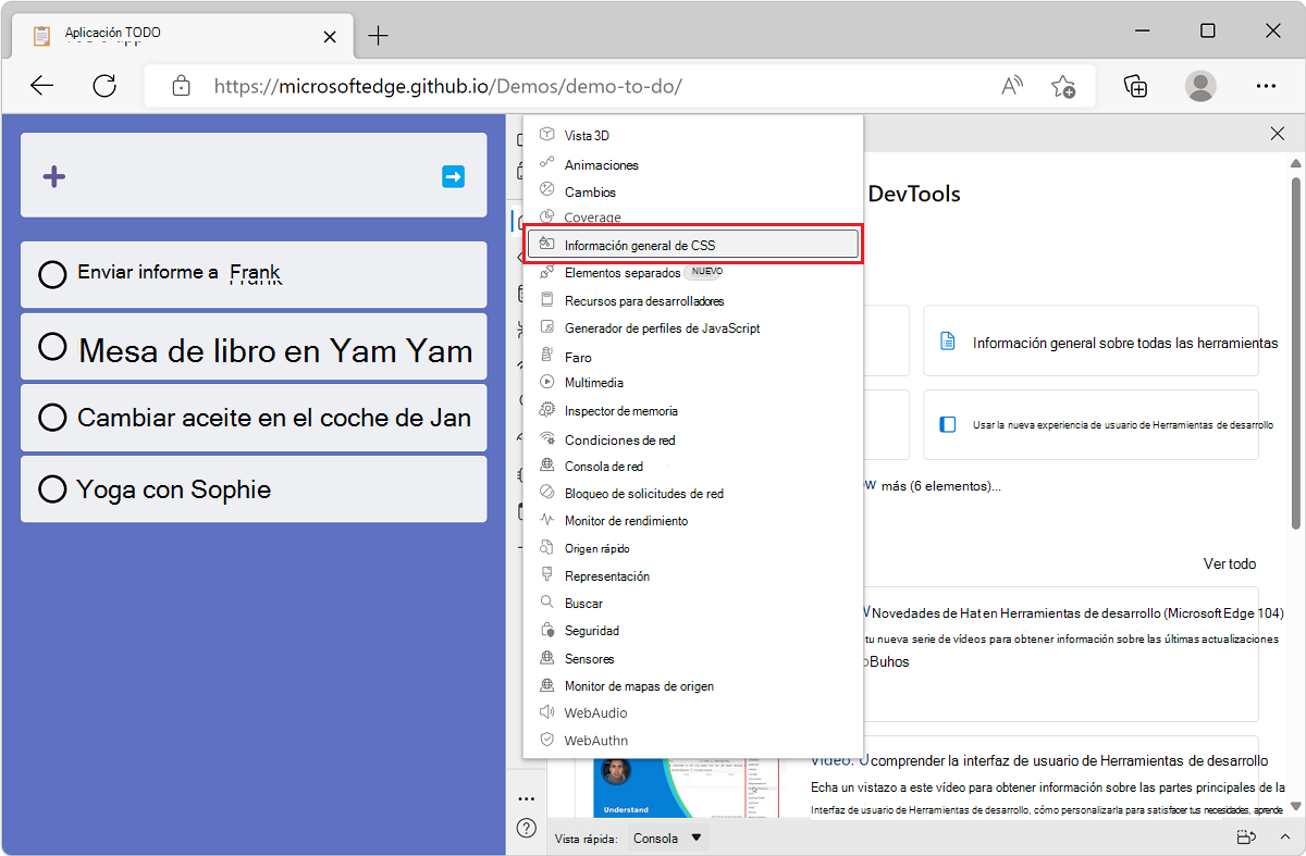 Microsoft Edge, con la aplicación de demostración de lista TODO y DevTools junto a ella, que muestra la lista de herramientas del botón Más herramientas