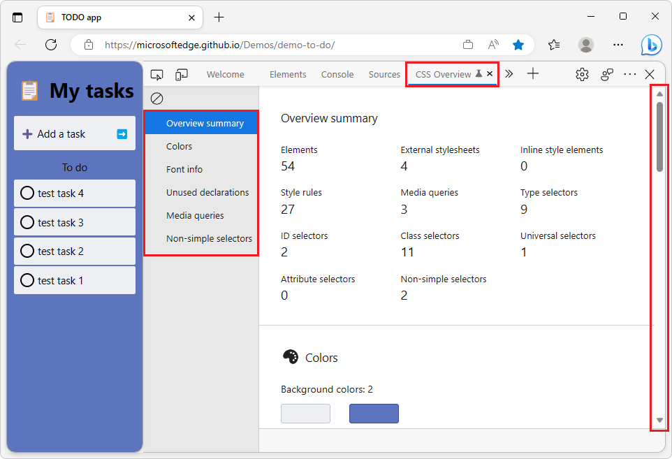 Aplicación de demostración TODO a la izquierda, informe de información general de CSS de DevTools a la derecha con una lista de secciones y barra de desplazamiento en la que se puede hacer clic.