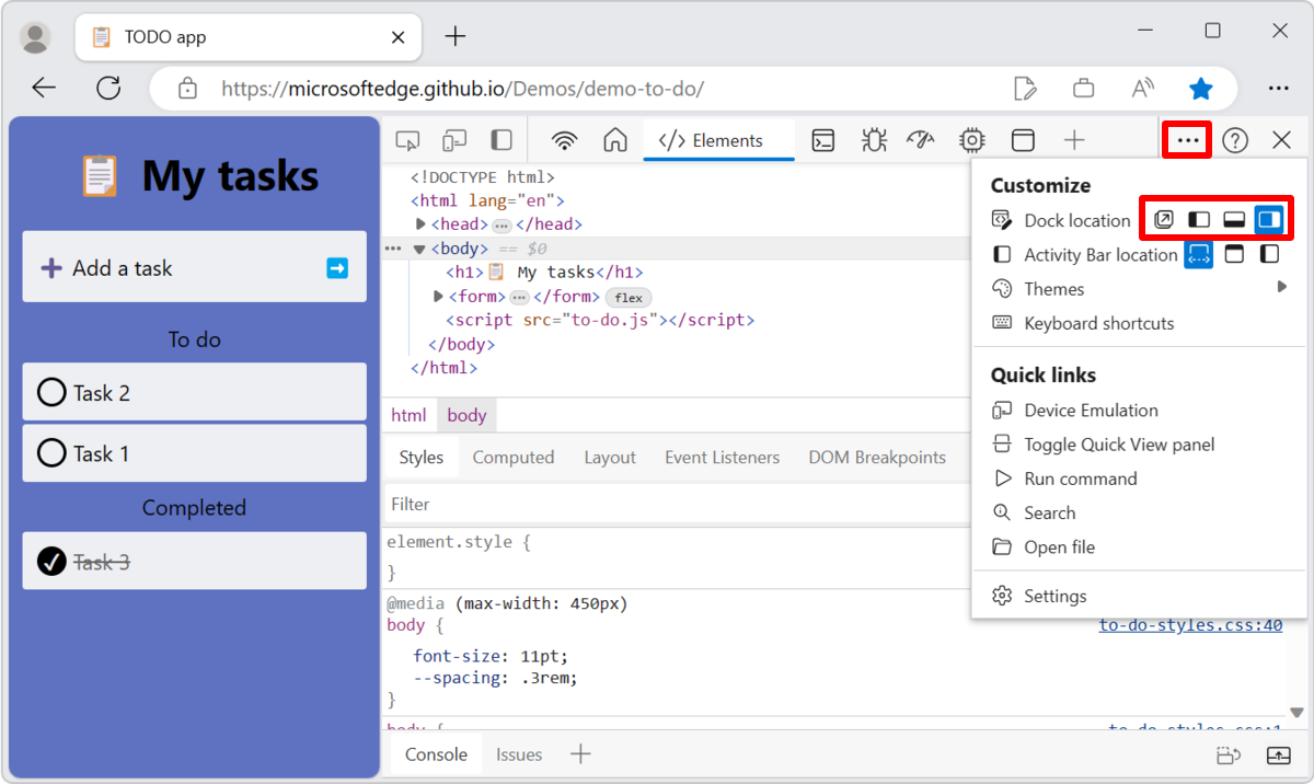 Menú Ubicación de acoplamiento en DevTools