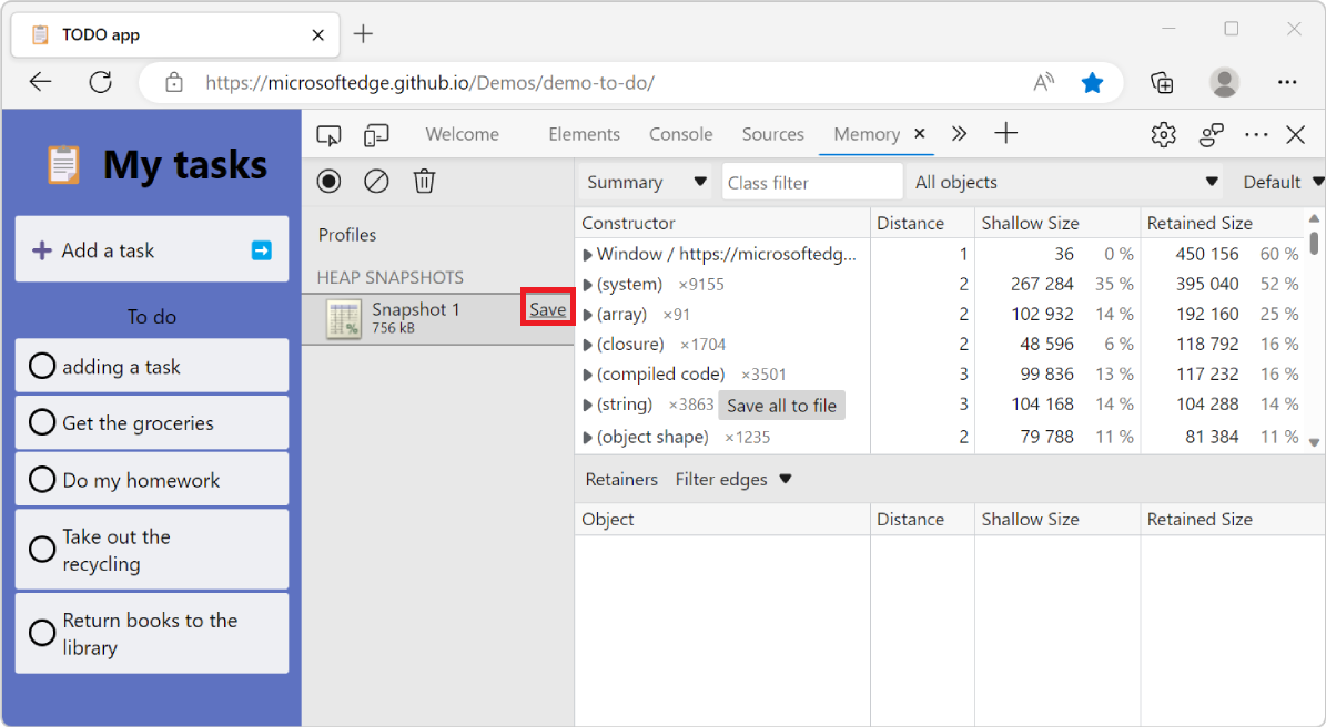 Microsoft Edge con DevTools, que muestra la herramienta Memoria, con el botón Guardar