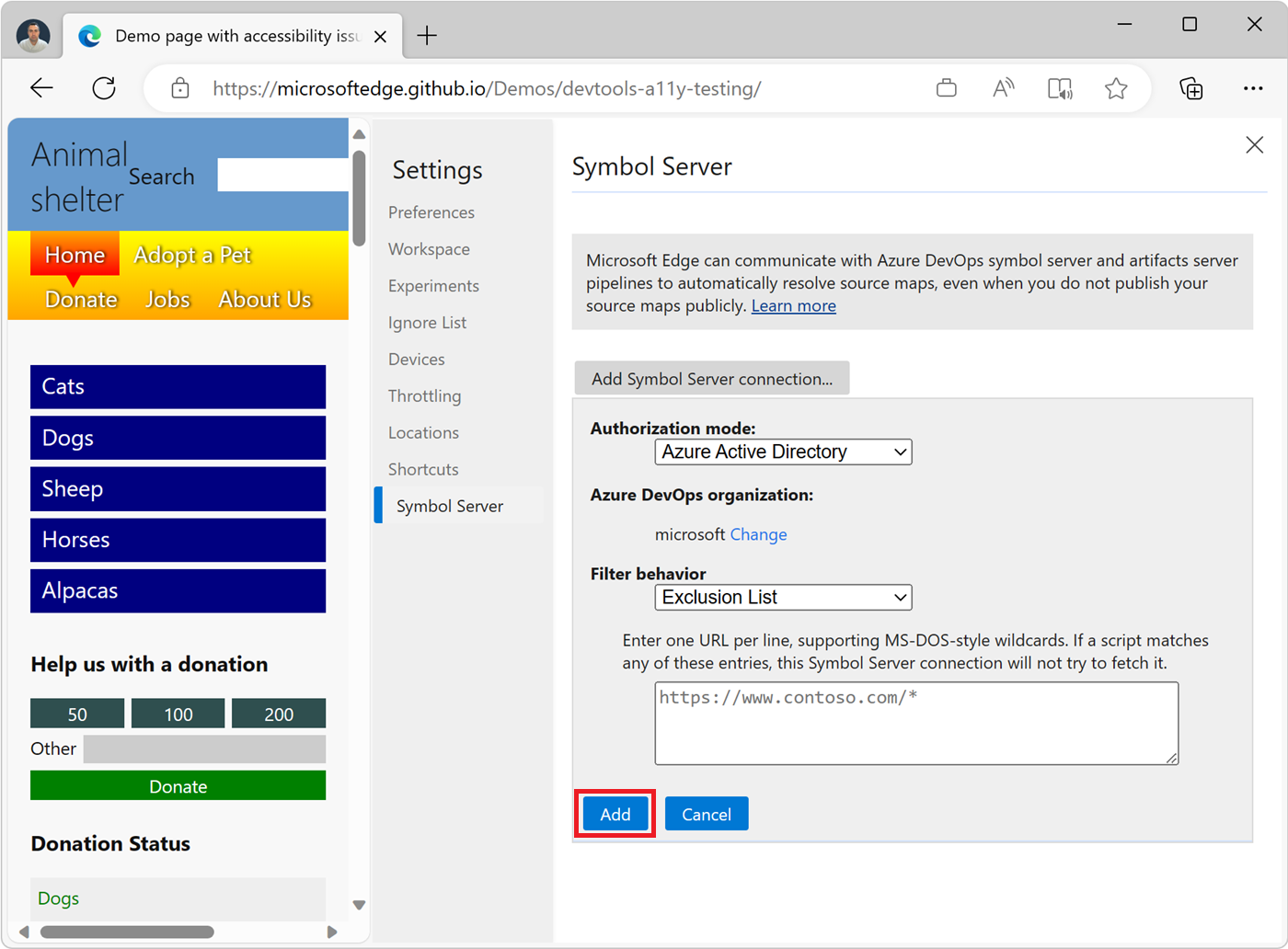 Pantalla de configuración del servidor de símbolos en DevTools, que muestra el botón Agregar para crear una nueva conexión