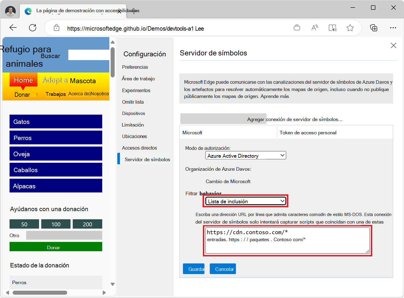 Configuración de la lista de inclusión en una pantalla de edición de conexión del servidor de símbolos