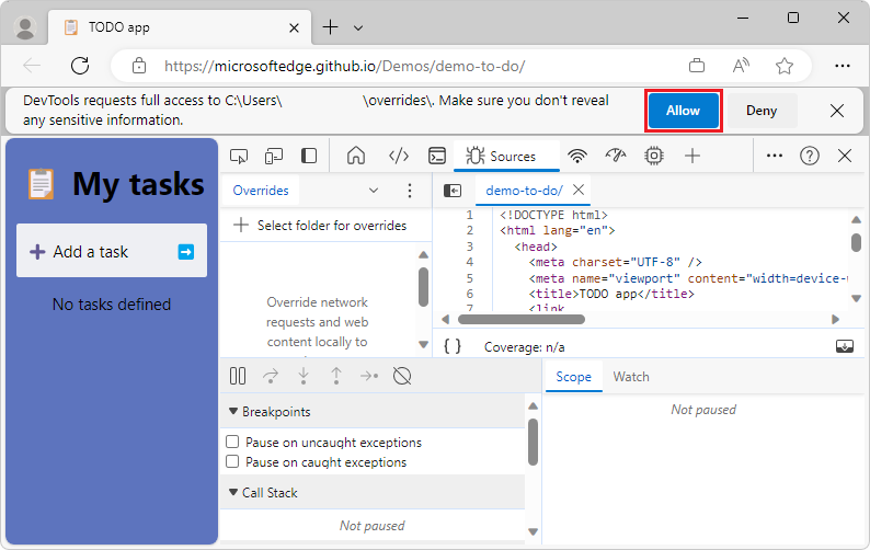 Concesión de acceso de DevTools a una carpeta